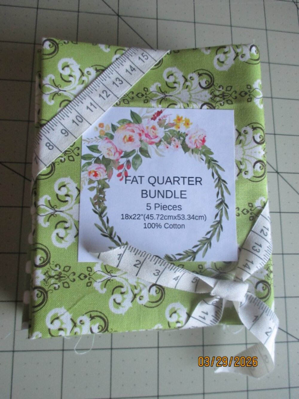 FAT QUARTER BUNDLE-5 GREEN AND WHITE PRINTS-NEW